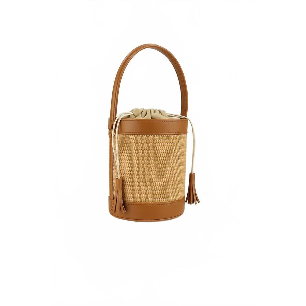 Stylish Camel Raffia Woven and Italian Leather Bucket Bag with Tassels